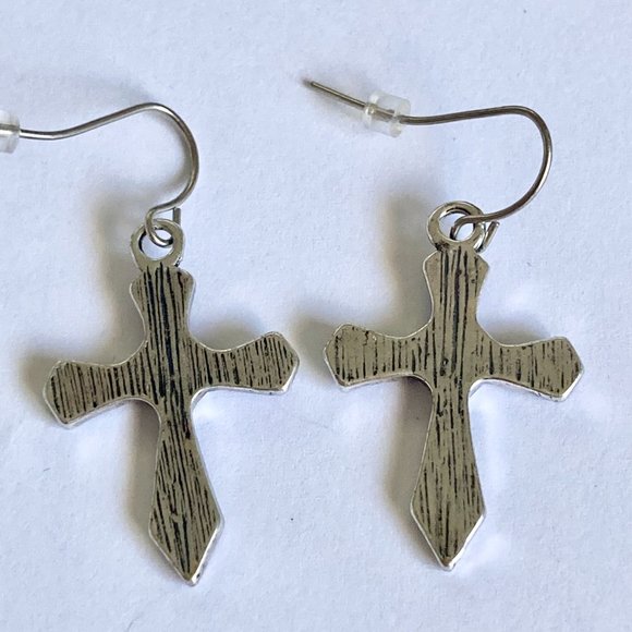 Silver Sacred Heart Cross Earrings Country Western Gothic Goth Dangle Plated - Picture 4 of 6